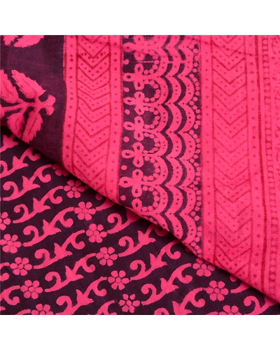 Sanskriti Vintage Pink Sarees 100% Pure Cotton Block Printed Premium Sari Fabric, PS-61536-Pink &amp; Dark Purple-Block Printed Work-Pure Cotton-3