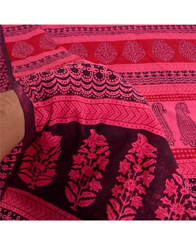 Sanskriti Vintage Pink Sarees 100% Pure Cotton Block Printed Premium Sari Fabric, PS-61536-Pink &amp; Dark Purple-Block Printed Work-Pure Cotton-5