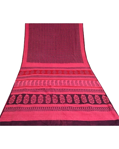Sanskriti Vintage Pink Sarees 100% Pure Cotton Block Printed Premium Sari Fabric, PS-61536-Pink &amp; Dark Purple-Block Printed Work-Pure Cotton-9