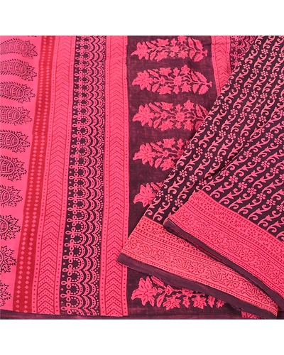 Sanskriti Vintage Pink Sarees 100% Pure Cotton Block Printed Premium Sari Fabric, PS-61536-Pink &amp; Dark Purple-Block Printed Work-Pure Cotton-10