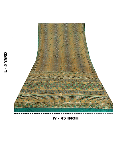 Sanskriti Vintage Green Sarees 100% Pure Silk Hand Beaded Kantha Sari Fabric, PS-61542-Shade Of Green-Thread Work-Pure Silk-1