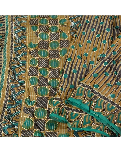 Sanskriti Vintage Green Sarees 100% Pure Silk Hand Beaded Kantha Sari Fabric, PS-61542-Shade Of Green-Thread Work-Pure Silk-2