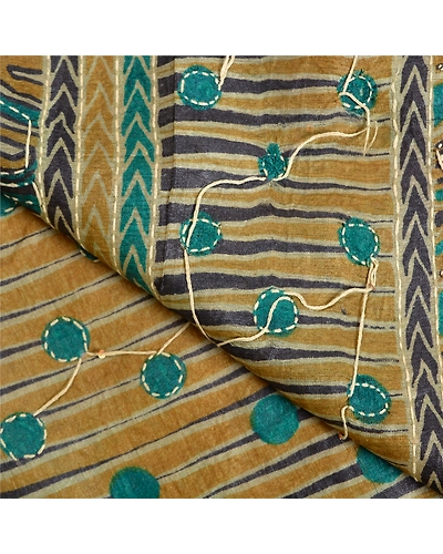 Sanskriti Vintage Green Sarees 100% Pure Silk Hand Beaded Kantha Sari Fabric, PS-61542-Shade Of Green-Thread Work-Pure Silk-3
