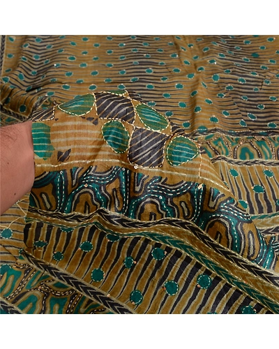 Sanskriti Vintage Green Sarees 100% Pure Silk Hand Beaded Kantha Sari Fabric, PS-61542-Shade Of Green-Thread Work-Pure Silk-5