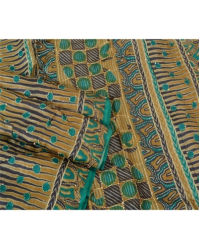 Sanskriti Vintage Green Sarees 100% Pure Silk Hand Beaded Kantha Sari Fabric, PS-61542-Shade Of Green-Thread Work-Pure Silk-8
