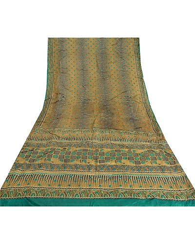 Sanskriti Vintage Green Sarees 100% Pure Silk Hand Beaded Kantha Sari Fabric, PS-61542-Shade Of Green-Thread Work-Pure Silk-9