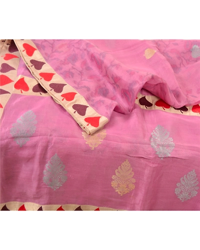 Sanskriti Vintage Pink Sarees 100% Pure Organza Silk Hand-Woven Tant Sari Fabric, PS-61550-Pink-Woven Work-Pure Organza Silk-2