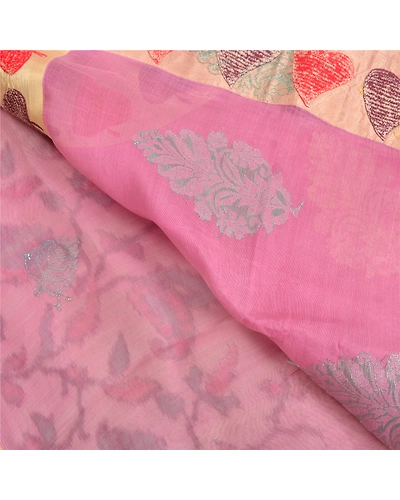 Sanskriti Vintage Pink Sarees 100% Pure Organza Silk Hand-Woven Tant Sari Fabric, PS-61550-Pink-Woven Work-Pure Organza Silk-3