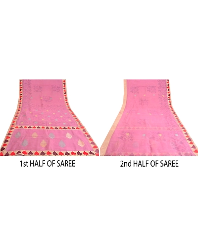 Sanskriti Vintage Pink Sarees 100% Pure Organza Silk Hand-Woven Tant Sari Fabric, PS-61550-Pink-Woven Work-Pure Organza Silk-6