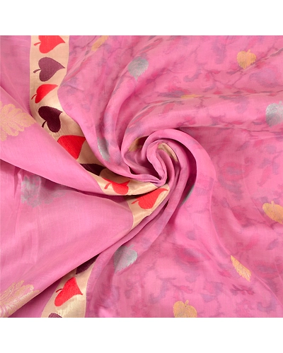 Sanskriti Vintage Pink Sarees 100% Pure Organza Silk Hand-Woven Tant Sari Fabric, PS-61550-Pink-Woven Work-Pure Organza Silk-7