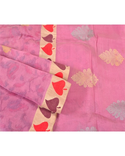 Sanskriti Vintage Pink Sarees 100% Pure Organza Silk Hand-Woven Tant Sari Fabric, PS-61550-Pink-Woven Work-Pure Organza Silk-8