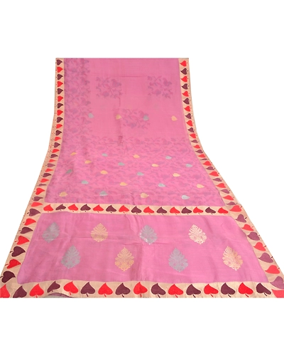 Sanskriti Vintage Pink Sarees 100% Pure Organza Silk Hand-Woven Tant Sari Fabric, PS-61550-Pink-Woven Work-Pure Organza Silk-9