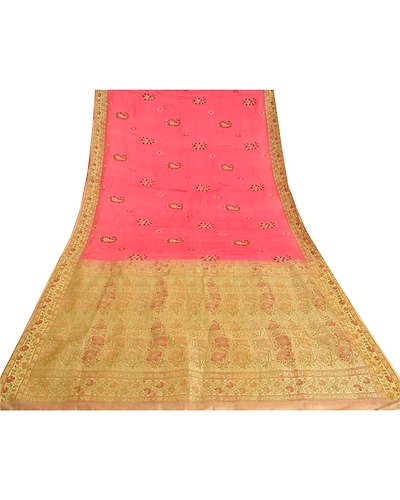 Sanskriti Vintage Pink Sarees Pure Silk Embroidered Woven Premium Sari Fabric, PS-61568-Pink &amp; Peach-Woven Work-Pure Silk-9