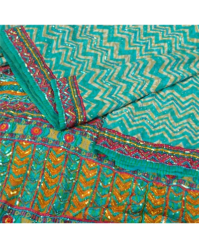 Sanskriti Vintage Sarees Pure Georgette Silk Handmade Mukesh Work Sari Fabric, PS-61576-Blue-Sequins Work-Pure Georgette Silk-2
