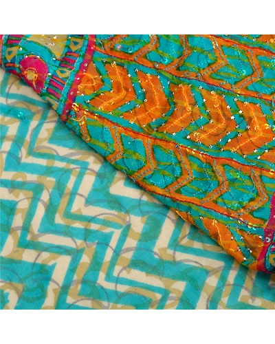 Sanskriti Vintage Sarees Pure Georgette Silk Handmade Mukesh Work Sari Fabric, PS-61576-Blue-Sequins Work-Pure Georgette Silk-3