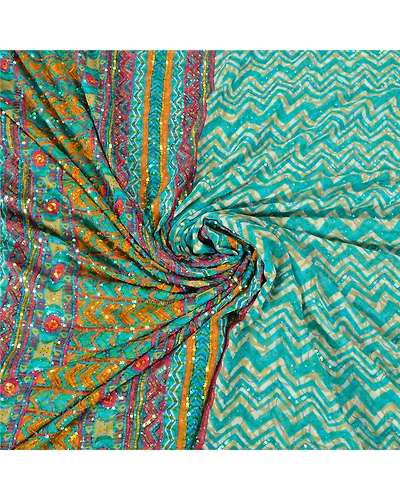 Sanskriti Vintage Sarees Pure Georgette Silk Handmade Mukesh Work Sari Fabric, PS-61576-Blue-Sequins Work-Pure Georgette Silk-7
