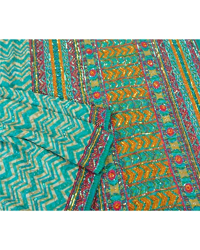 Sanskriti Vintage Sarees Pure Georgette Silk Handmade Mukesh Work Sari Fabric, PS-61576-Blue-Sequins Work-Pure Georgette Silk-8