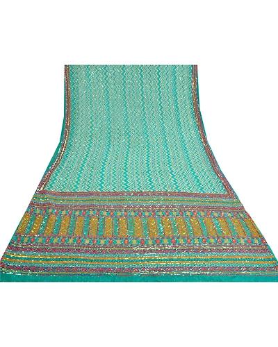 Sanskriti Vintage Sarees Pure Georgette Silk Handmade Mukesh Work Sari Fabric, PS-61576-Blue-Sequins Work-Pure Georgette Silk-9