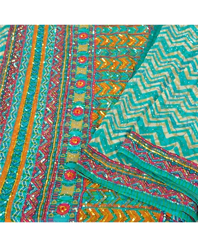 Sanskriti Vintage Sarees Pure Georgette Silk Handmade Mukesh Work Sari Fabric, PS-61576-Blue-Sequins Work-Pure Georgette Silk-10