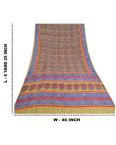 Sanskriti Vintage Blue Indian Sarees 100% Pure Silk Printed Sari Craft Fabric, PS-61591-Blue &amp; Green-Printed Work-Pure Silk-1