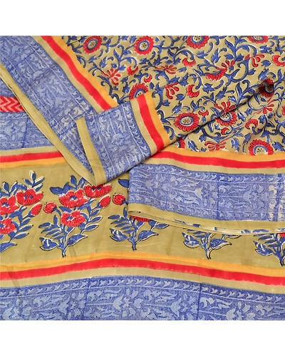 Sanskriti Vintage Blue Indian Sarees 100% Pure Silk Printed Sari Craft Fabric, PS-61591-Blue &amp; Green-Printed Work-Pure Silk-2