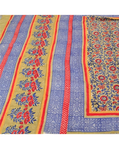 Sanskriti Vintage Blue Indian Sarees 100% Pure Silk Printed Sari Craft Fabric, PS-61591-Blue &amp; Green-Printed Work-Pure Silk-4