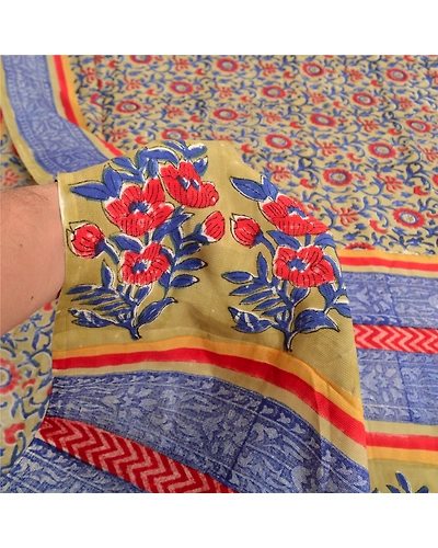 Sanskriti Vintage Blue Indian Sarees 100% Pure Silk Printed Sari Craft Fabric, PS-61591-Blue &amp; Green-Printed Work-Pure Silk-5