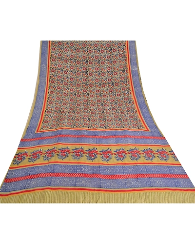 Sanskriti Vintage Blue Indian Sarees 100% Pure Silk Printed Sari Craft Fabric, PS-61591-Blue &amp; Green-Printed Work-Pure Silk-9