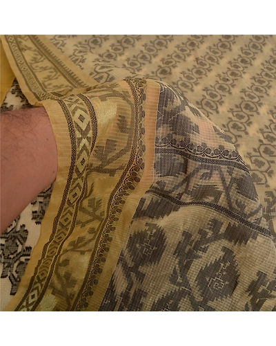 Sanskriti Vintage Cream Sarees Cotton Kota Doria Handwoven Jamdani Sari Fabric, PS-61641-Cream-Woven Work-Cotton-5