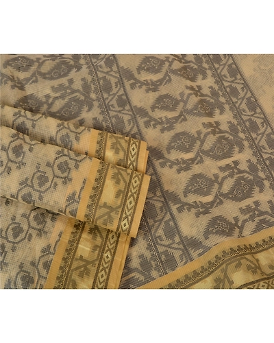 Sanskriti Vintage Cream Sarees Cotton Kota Doria Handwoven Jamdani Sari Fabric, PS-61641-Cream-Woven Work-Cotton-9