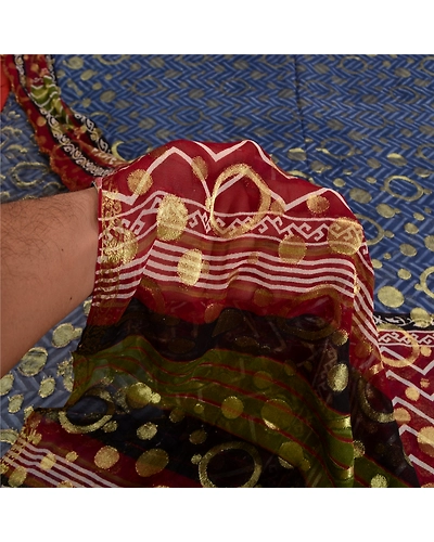 Sanskriti Vintage Blue Indian Sarees Blend Georgette Woven Premium Sari Fabric, PS-61649-Blue &amp; Dark Red-Woven Work-Blend Georgette-5