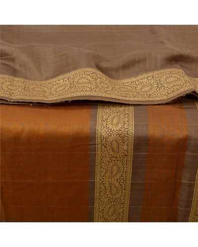 Sanskriti Vintage Brown Sarees 100% Pure Silk Woven Premium Sari Craft Fabric, PS-61655-Brown-Woven Work-Pure Silk-2