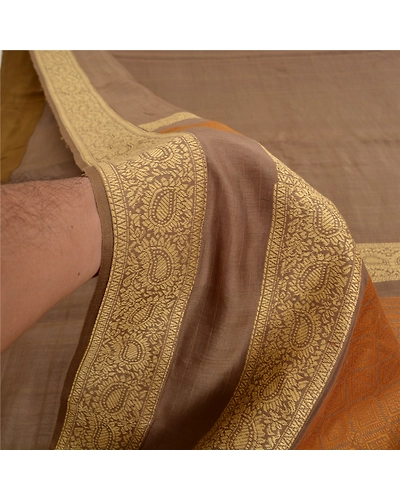 Sanskriti Vintage Brown Sarees 100% Pure Silk Woven Premium Sari Craft Fabric, PS-61655-Brown-Woven Work-Pure Silk-5