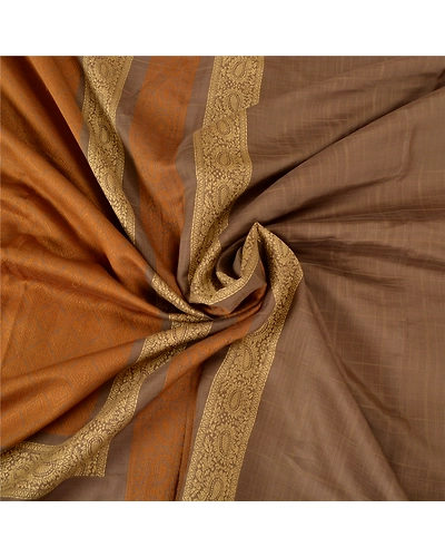 Sanskriti Vintage Brown Sarees 100% Pure Silk Woven Premium Sari Craft Fabric, PS-61655-Brown-Woven Work-Pure Silk-8