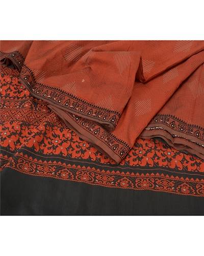 Sanskriti Vintage Orange Sarees Blend Cotton Woven Premium Sari Craft Fabric, PS-61675-Orange &amp; Black-Woven Work-Blend Cotton-2
