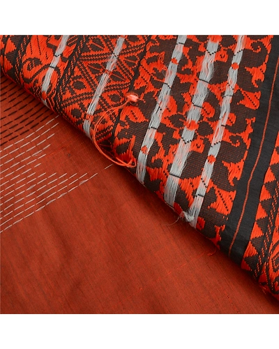 Sanskriti Vintage Orange Sarees Blend Cotton Woven Premium Sari Craft Fabric, PS-61675-Orange &amp; Black-Woven Work-Blend Cotton-3