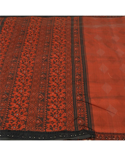 Sanskriti Vintage Orange Sarees Blend Cotton Woven Premium Sari Craft Fabric, PS-61675-Orange &amp; Black-Woven Work-Blend Cotton-4
