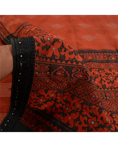 Sanskriti Vintage Orange Sarees Blend Cotton Woven Premium Sari Craft Fabric, PS-61675-Orange &amp; Black-Woven Work-Blend Cotton-8