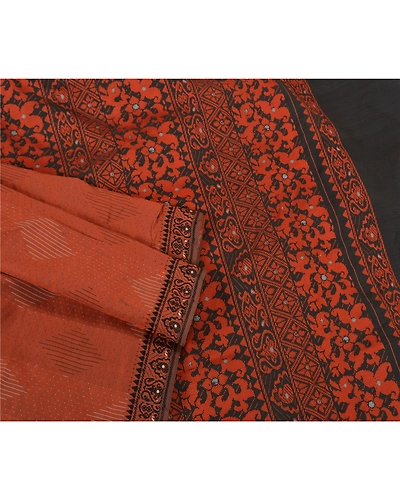 Sanskriti Vintage Orange Sarees Blend Cotton Woven Premium Sari Craft Fabric, PS-61675-Orange &amp; Black-Woven Work-Blend Cotton-9