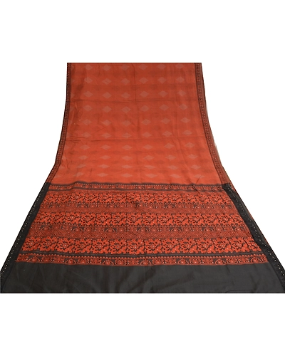 Sanskriti Vintage Orange Sarees Blend Cotton Woven Premium Sari Craft Fabric, PS-61675-Orange &amp; Black-Woven Work-Blend Cotton-10