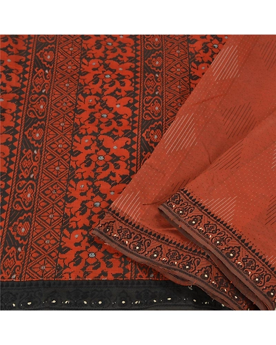 Sanskriti Vintage Orange Sarees Blend Cotton Woven Premium Sari Craft Fabric, PS-61675-Orange &amp; Black-Woven Work-Blend Cotton-11