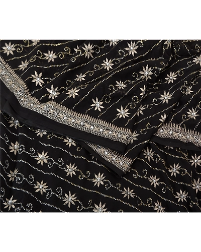 Sanskriti Vintage Black Indian Sarees Georgette Hand Beaded Cultural Sari Fabric, PS-61682-Black-Sequins Work-Georgette-2