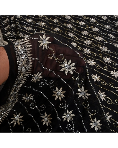 Sanskriti Vintage Black Indian Sarees Georgette Hand Beaded Cultural Sari Fabric, PS-61682-Black-Sequins Work-Georgette-5