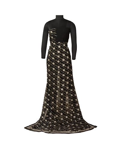 Sanskriti Vintage Black Indian Sarees Georgette Hand Beaded Cultural Sari Fabric, PS-61682-Black-Sequins Work-Georgette-7