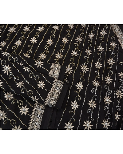 Sanskriti Vintage Black Indian Sarees Georgette Hand Beaded Cultural Sari Fabric, PS-61682-Black-Sequins Work-Georgette-9