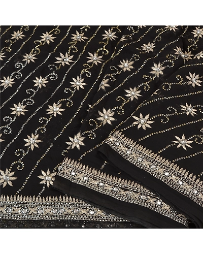 Sanskriti Vintage Black Indian Sarees Georgette Hand Beaded Cultural Sari Fabric, PS-61682-Black-Sequins Work-Georgette-11