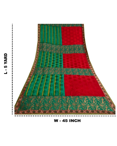 Sanskriti Vintage Bollywood Sarees Pure Georgette Silk Hand Beaded Sari Fabric, PS-61691-Green &amp; Dark Red-Woven Work-Pure Georgette Silk-1