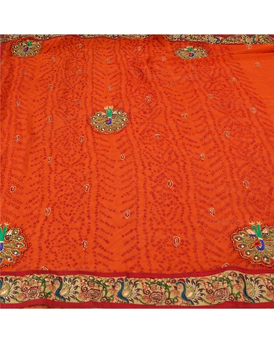 Sanskriti Vintage Sarees Pure Georgette Silk Hand Beaded Bandhani Sari Fabric, PS-61693-Orange-Bandhani Work-Pure Georgette Silk-4