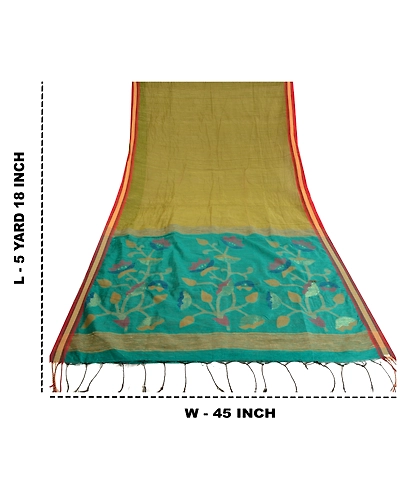 Sanskriti Vintage Green Sarees Pure Silk Hand-Woven Tant Premium Sari Fabric, PS-61719-Green-Woven Work-Pure Silk-1