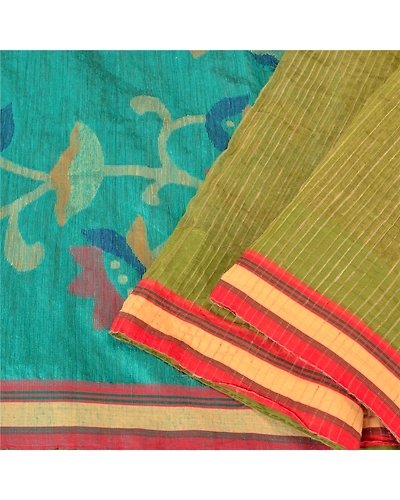 Sanskriti Vintage Green Sarees Pure Silk Hand-Woven Tant Premium Sari Fabric, PS-61719-Green-Woven Work-Pure Silk-2